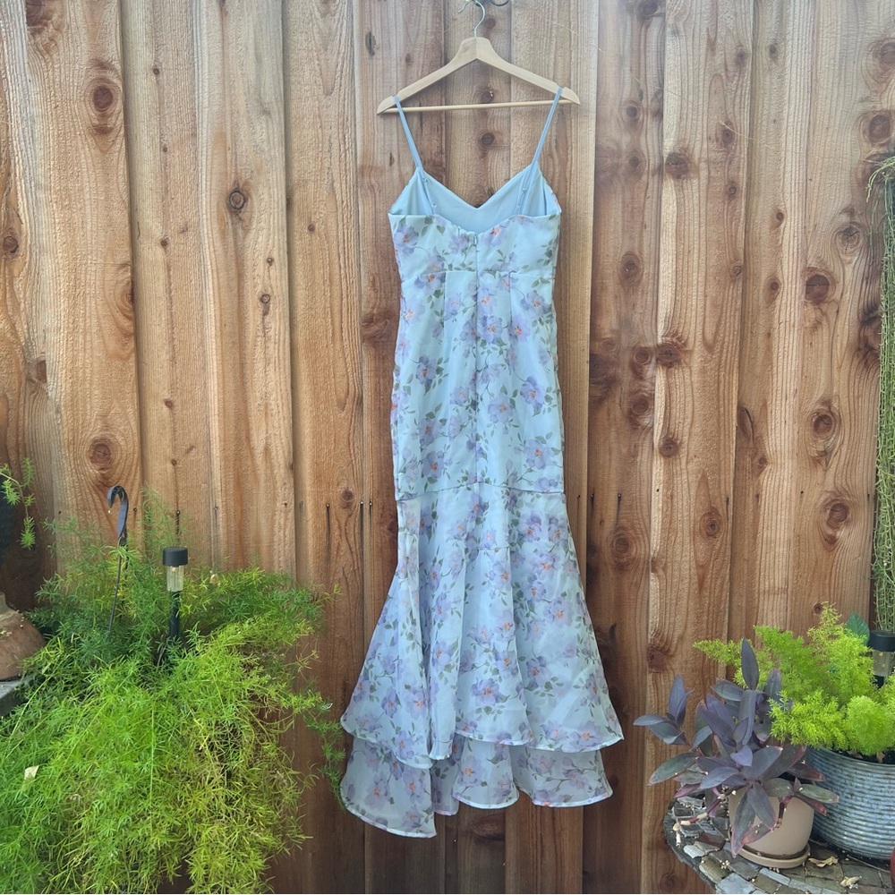 🌿 Periwinkle Light Blue Floral Organza Trumpet Ruffle Maxi Dress 🌿 - Picture 8 of 11